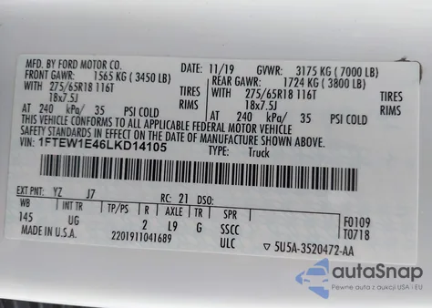 2020 Ford F-150 Xlt z USA, uszkodzony, nr VIN 1FTEW1E46LKD14105